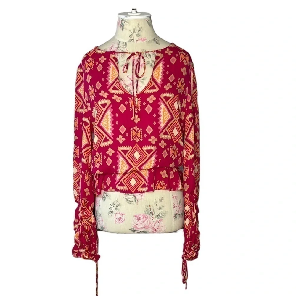 Tory Burch Geometric Silk Long Sleeve Blouse, Pink & Orange, Size 4